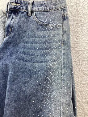 Rhinestone Bedazzled Blue Denim Jeans By TRTR Size 5 Cotton Blend Wide-Leg